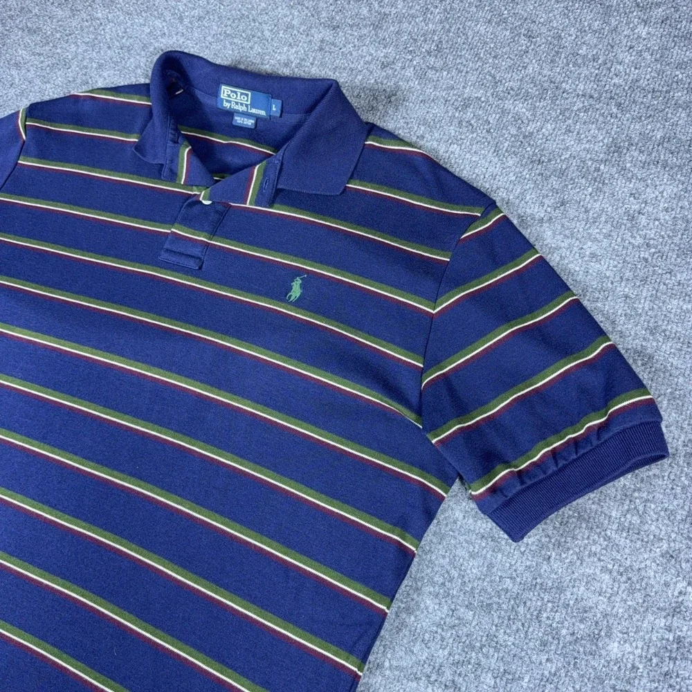 Polo Ralph Lauren Mens Large Navy Blue Striped Short Sleeve Cotton Polo Shirt
